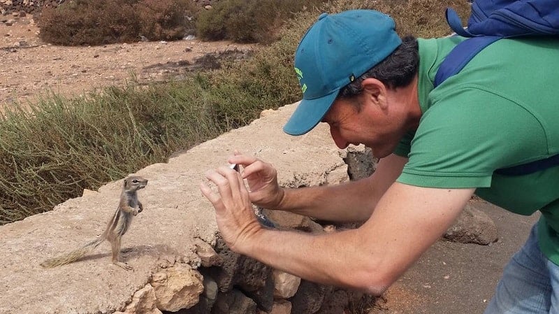 Tourist photographing a squirrel from Fuerteventura